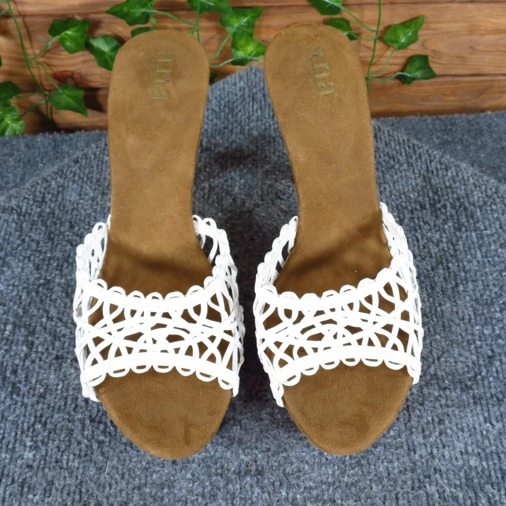 a.n.a. 023-5462 Women Woven Slide Sandals Size 10M Dressy White Faux Wood Heel